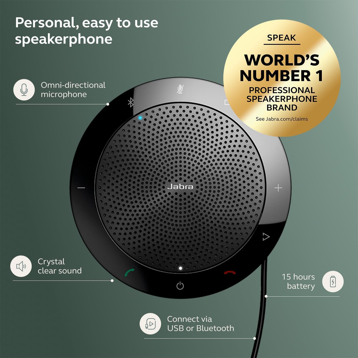 Jabra Speak 510 (2025 Edition) Portable Wireless Bluetooth Speaker with Link 370 USB Adapter for Meetings and Calls with Crystal-Clear Sound, Works with Microsoft Teams, Black