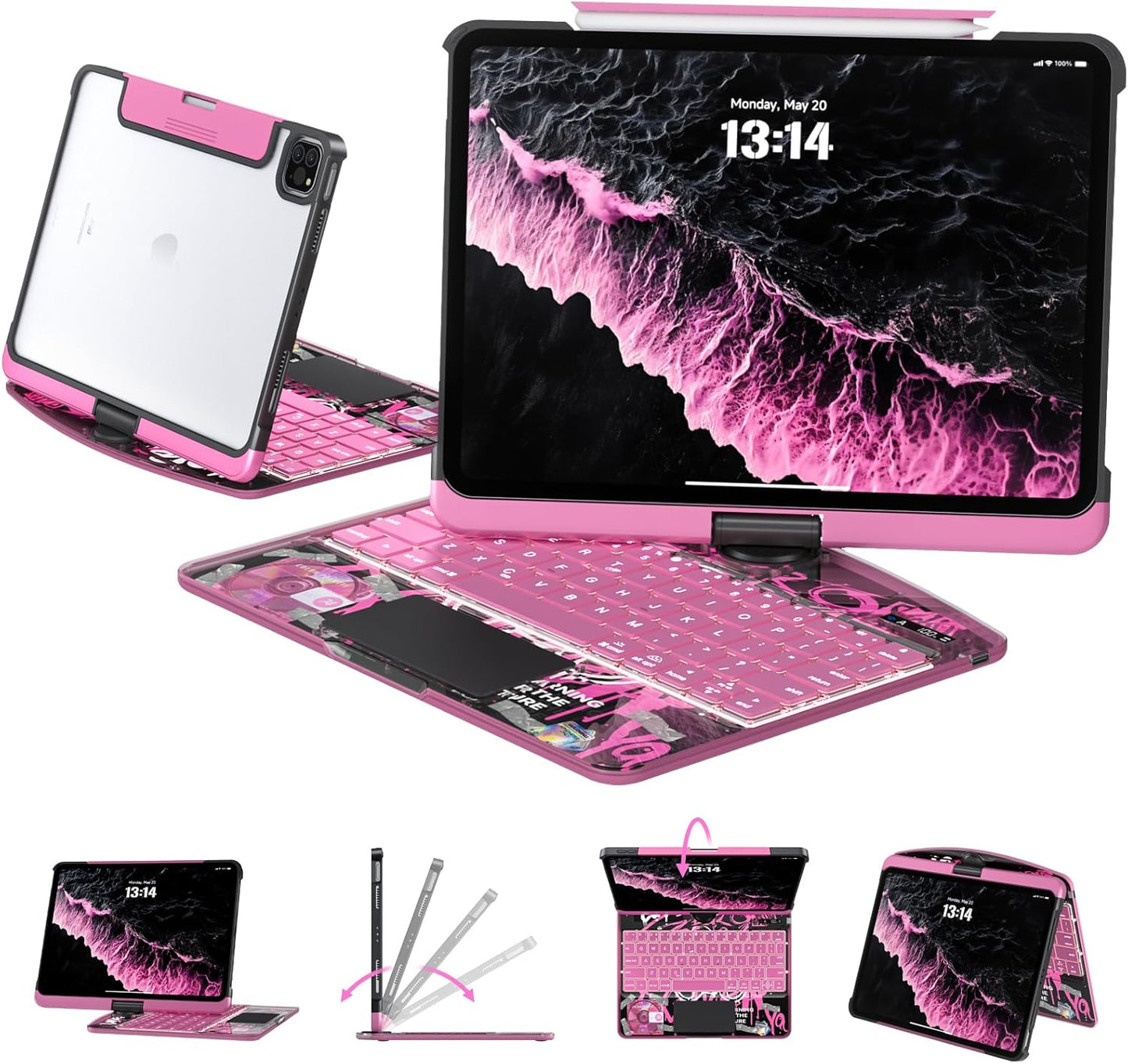 Transparent Case with Keyboard for iPad Air 13 Inch (M3/M2, 2025/2024), iPad Pro 12.9 Inch (6/5/4/3 Gen),7-Color Backlit,Magic Wireless Keyboard, 360°Rotating,with trackpad,Pencil Holder,Pink