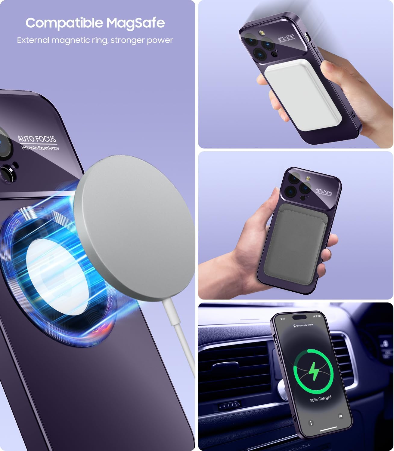 Magnetic for iPhone 13 Pro Case, Built-in Camera Lens Protector, Compatible with MagSafe, Logo View, Military Grade Protective Phone Cover, Purple