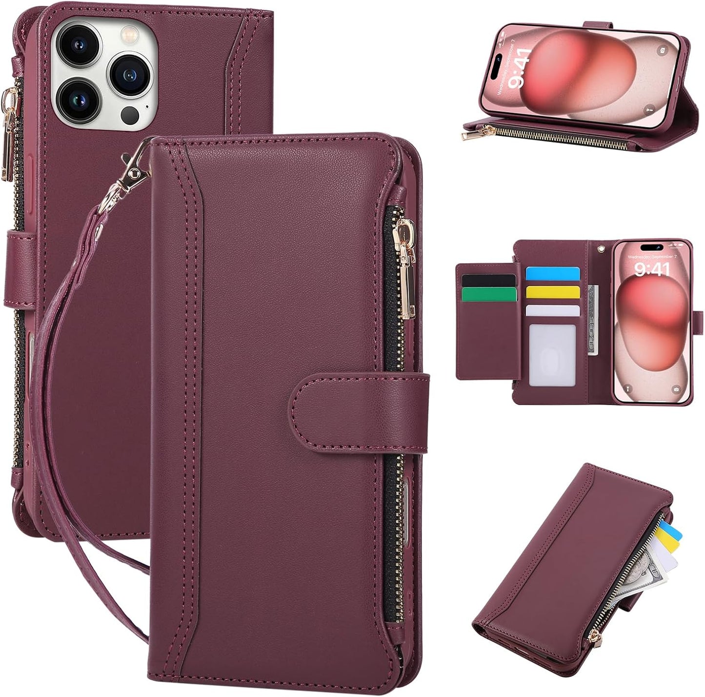 Compatible with iPhone 15 Pro Max Wallet Phone Case-PU Leather Magnetic Flip Cover with Credit Card Slots,Zipper Pocket & Detachable Wrist Strap,Shockproof Design,for Women and Men-Claret