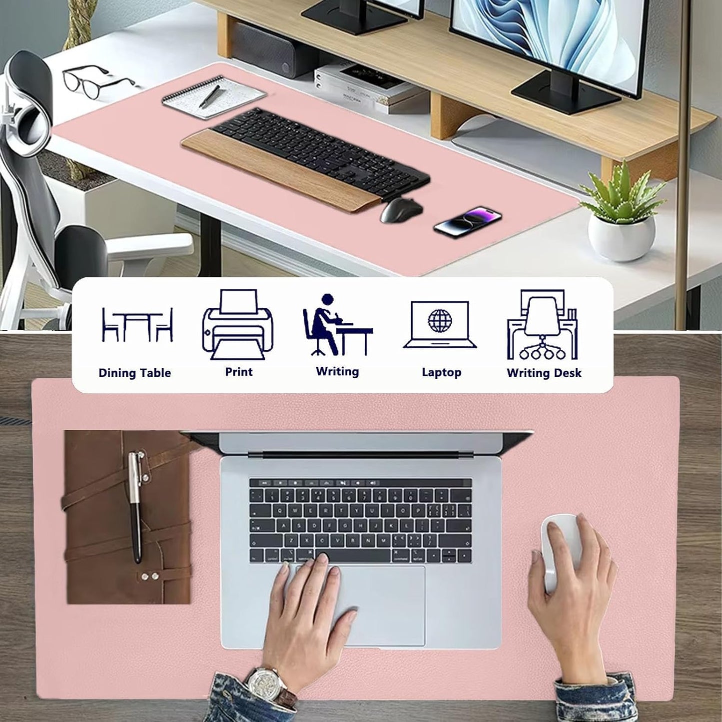 PU Leather Desk Pad Protector Gaming Mouse Pad Non Slip Desk Mat for Keyboard and Mouse Waterproof Desk Writing Pad for Office and Home Desk Accessories(Pink, 23.6 * 11.8)