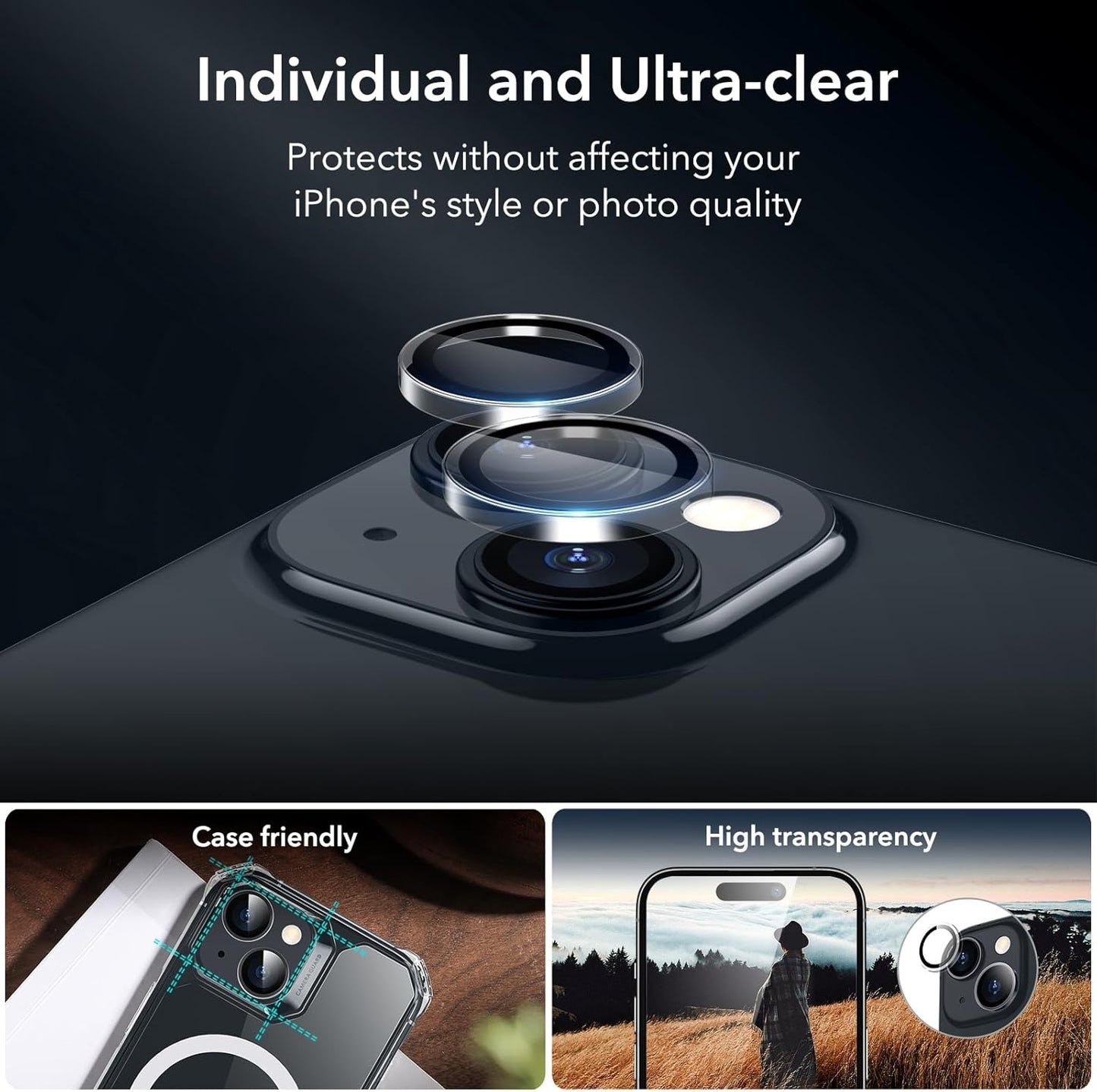 ESR 3+1 Pack for iPhone 15 Plus Screen Protector, 3 Black Edge Tempered-Glass Film and 1 Set Camera Lens Protector, 2.5D Curved Edges, Full-Coverage Military-Grade Protection, Scratch Resistant