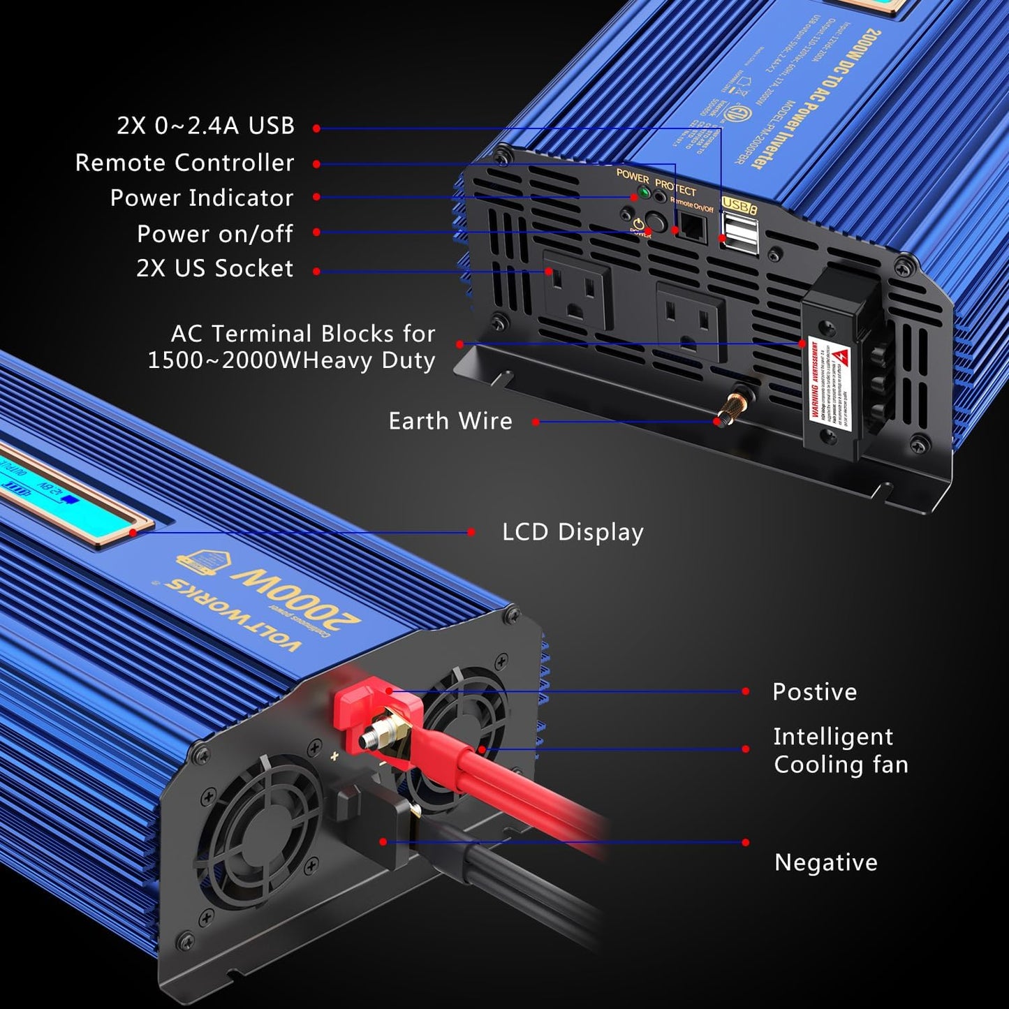 Power Inverter 2000w DC 12V to AC 120V ETL UL458 Compatible with Lithium Battery for Off-Grid Solar Car RV Truck Boat with LCD Display Remote Control 2 AC Outlets Dual 2.4A USB Ports by VOLTWORKS