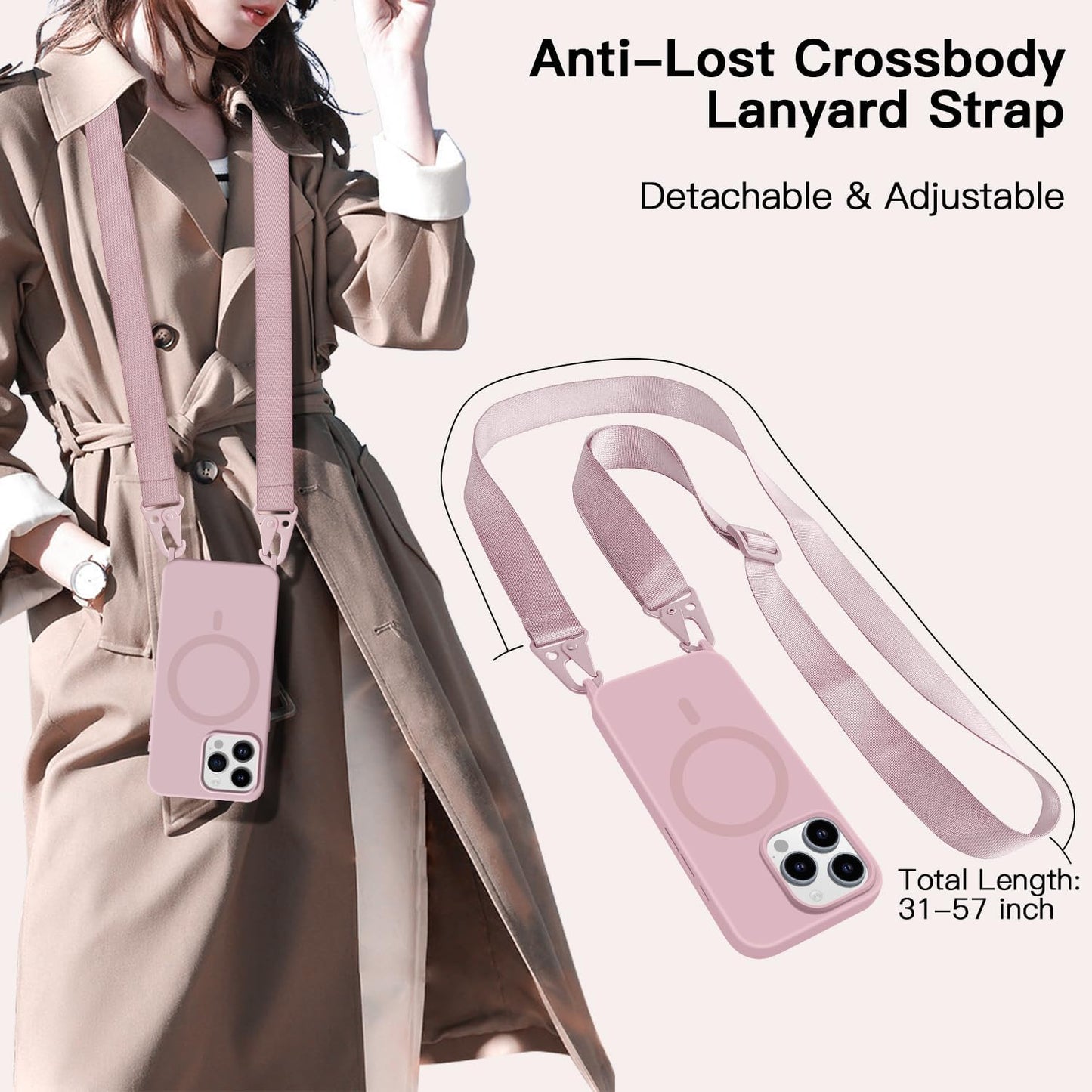 for iPhone 15 Case with Lanyard [Compatible with MagSafe], Crossbody Phone Case with Neck Strap Adjustable, Magnetic Phone Cover for iPhone 15 6.1'' Pink