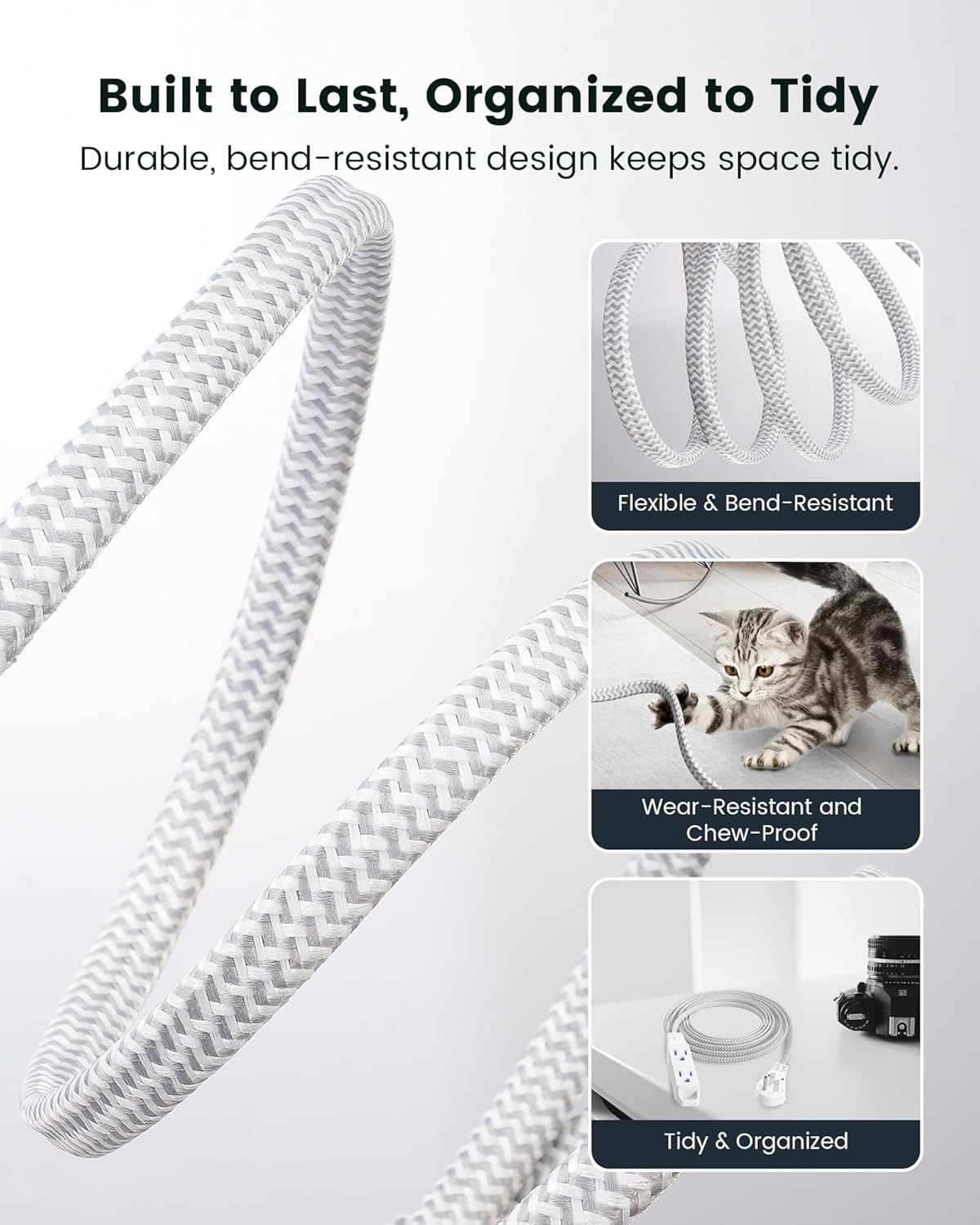 SURAIELEC 10FT 360° Rotating Flat Plug Extension Cord Flat Wall Plug with 3 Outlets, Braided Flat White Extension Cord for Indoor Use, Home, Office, 16/3C SPT, ETL Listed