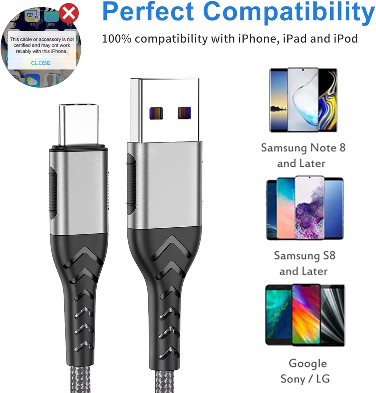 Durcord USB C Charger Cable, 2Pack 6ft Fast Charging 6Ft USB Type C Cord Cable, 6 Foot Type C Charger Premium Nylon Braided USB Cable Compatible with iPhone 15 Pro/Plust/Max-Silver