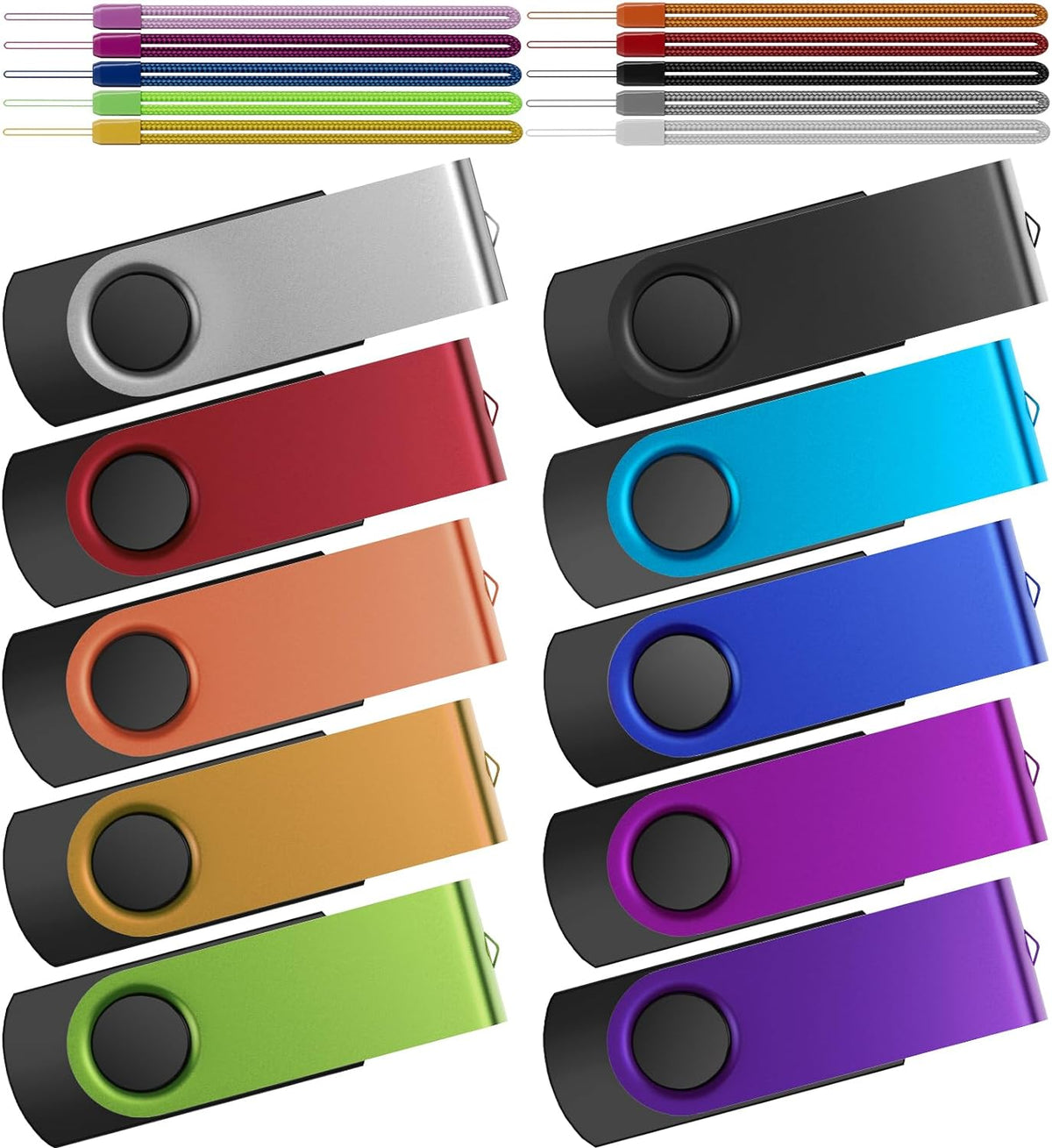 Kepmem Flash Drive 64GB Pack of 10 Thumb Drives Bulk 64 Giga USB Drives Value Metal USB 2.0 Memory Sticks Swivel Pen Drive 64 GB Portable Jump Drive Colorful Multipack Zip Drives for Data Storage