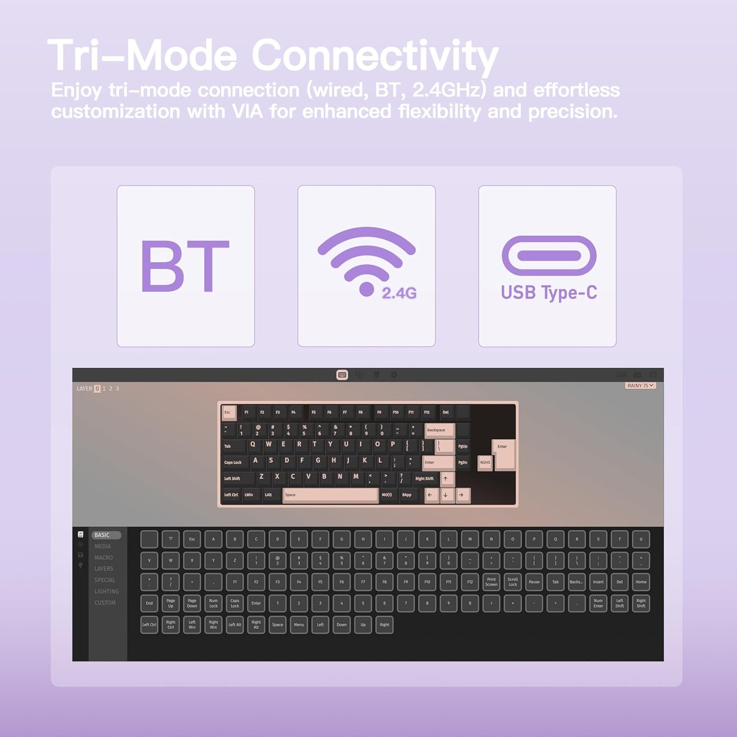 KEEBMONKEY WOBKEY Rainy 75 CNC Aluminum HMX/JWK/Cocoa Switches Triple-Mode Connectivity Mechanical Keyboard with Superior Acoustics, RGB/FR4/Silver SUS304/7000mAh/Cocoa Switch (Pro - Purple)