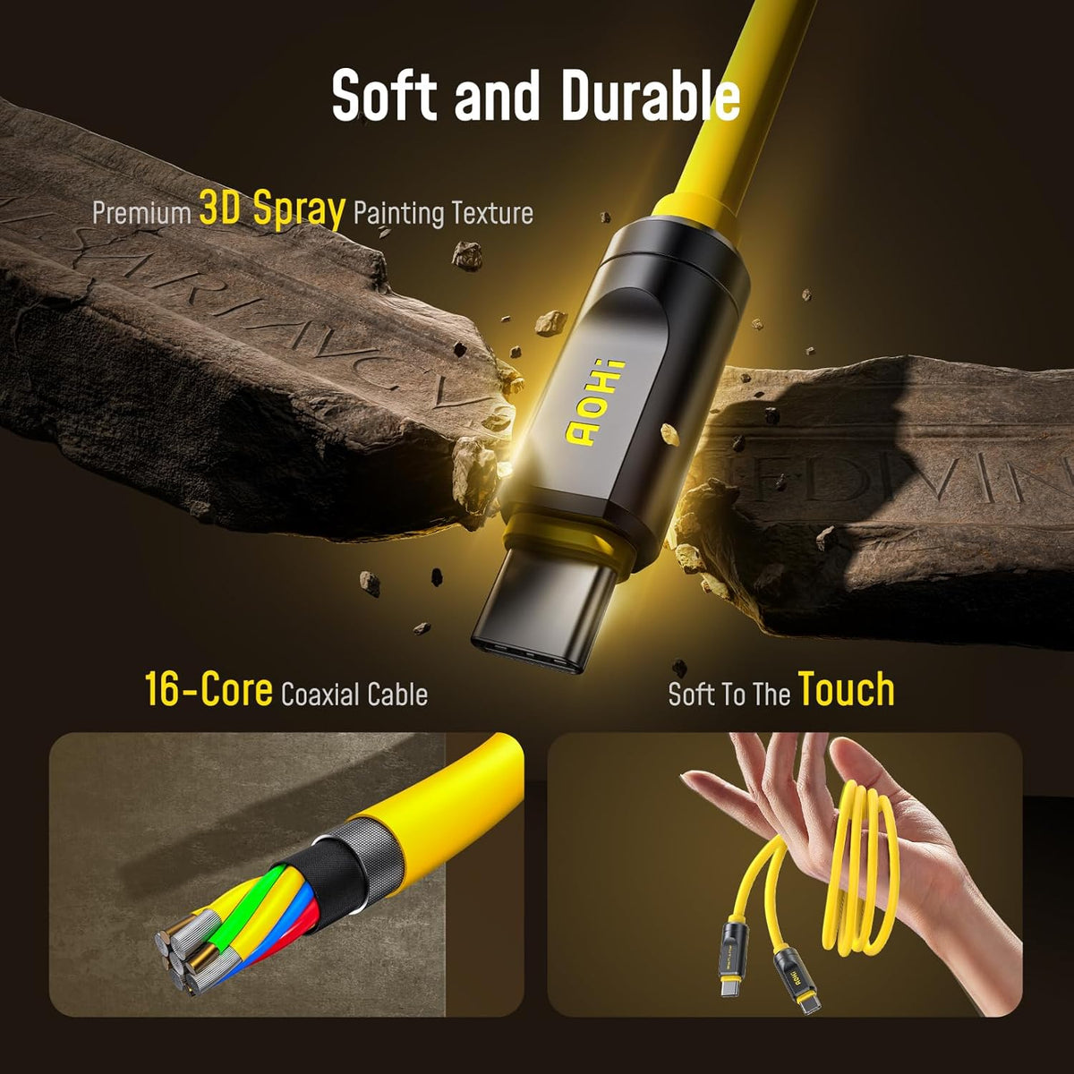 AOHI USB4 2.0 Cable 6.6ft with 240W PD3.1 Fast Charging, 80Gbps Data Transfer, Dual 8K/Triple 4K Display, The Future Adonis USB C Cable for MacBook Pro/Air, iPhone 16 Pro Max, SSD, Docking, Yellow