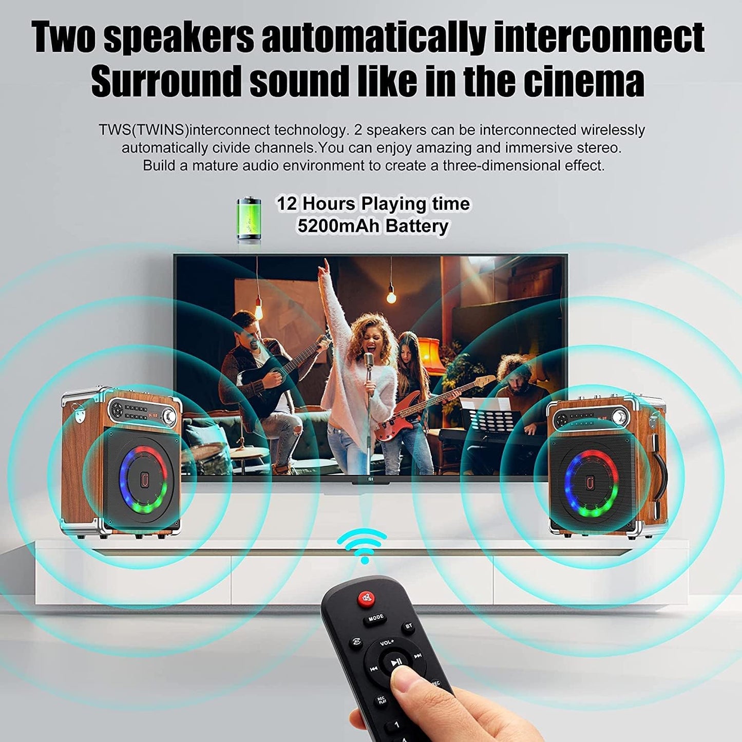 Bluetooth Speaker with Two Wireless Microphones, Outdoor Speaker with Subwoofer/Tweeter, Portable PA Speaker System with Remote Control, Discol Lights, FM, REC for Home, Party