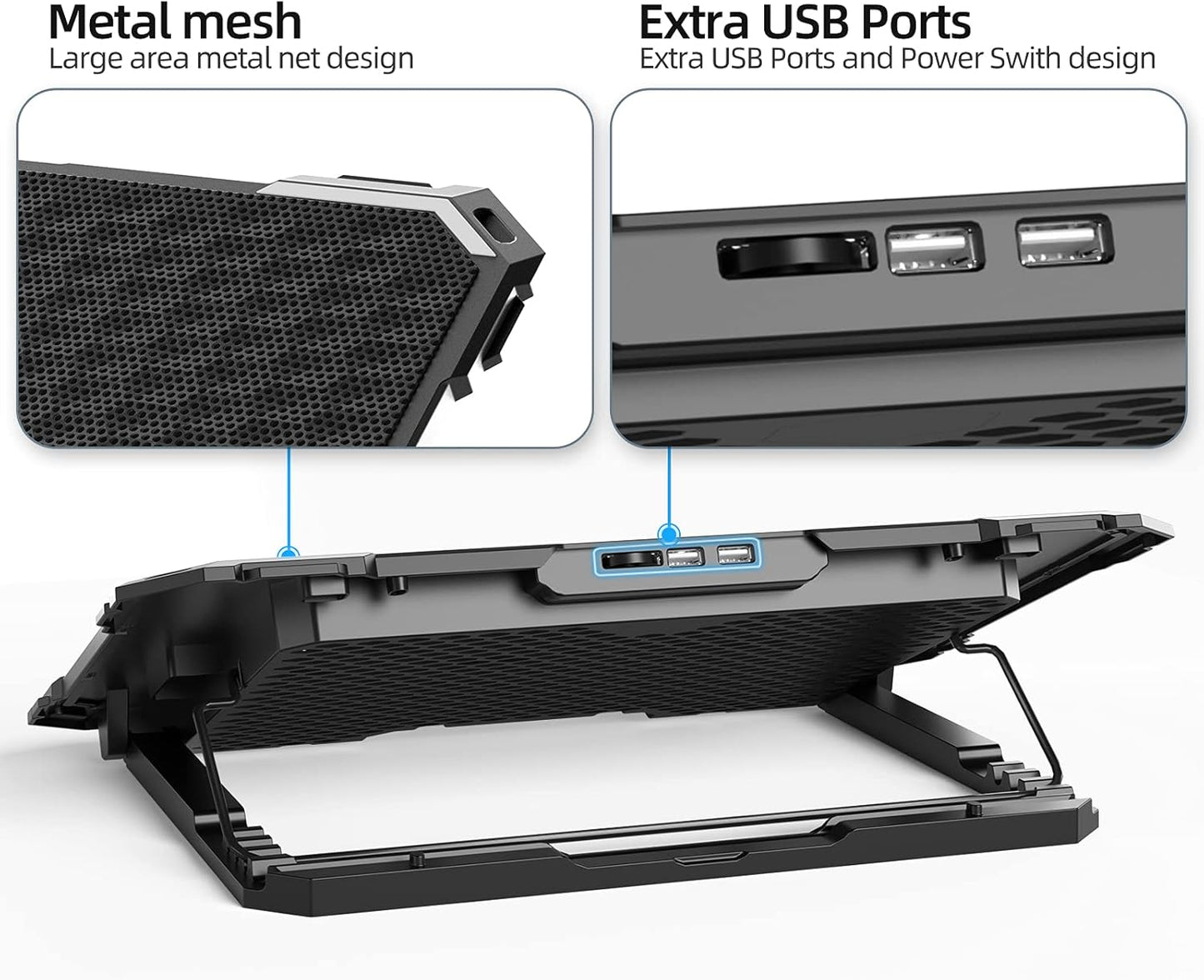 Upgrade Laptop Cooling Pad,Gaming Laptop Cooler with 5 Quiet Fans,2 USB Ports,5 Adjustable Stand Height,Blue LED Lights,for 15.6 Inch Laptops