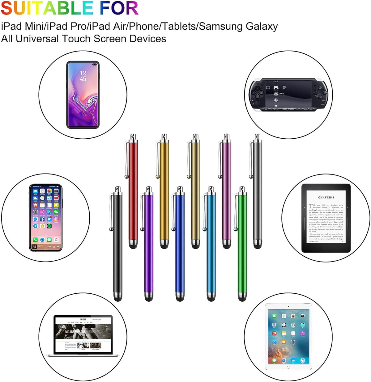Stylus Pen [10 Pack] Universal Capacitive Touch Screen Pens for Tablets, iPad Mini, iPad Pro, iPad Air, Smartphones, Samsung Galaxy - Multiple Colors