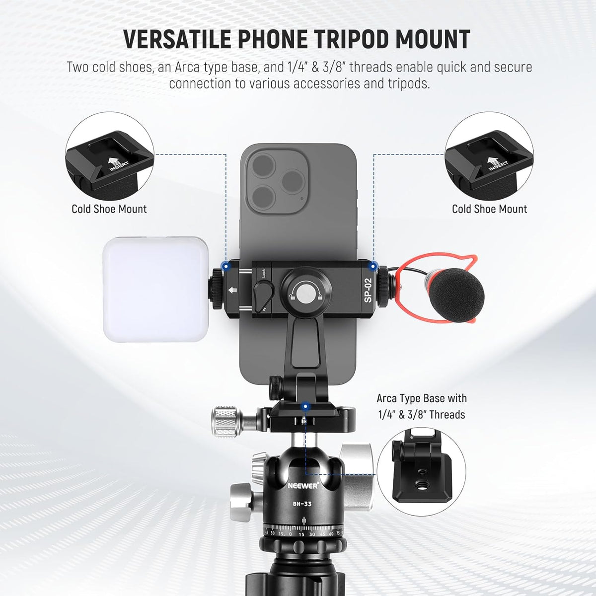 NEEWER SP-02 Phone Tripod Mount Adapter with Arca Type Quick Release Plate Cold Shoe 360° Rotation 180° Tilt Cleaning Cloth, Foldable Holder Compatible with iPhone Android Samsung for Video Recording