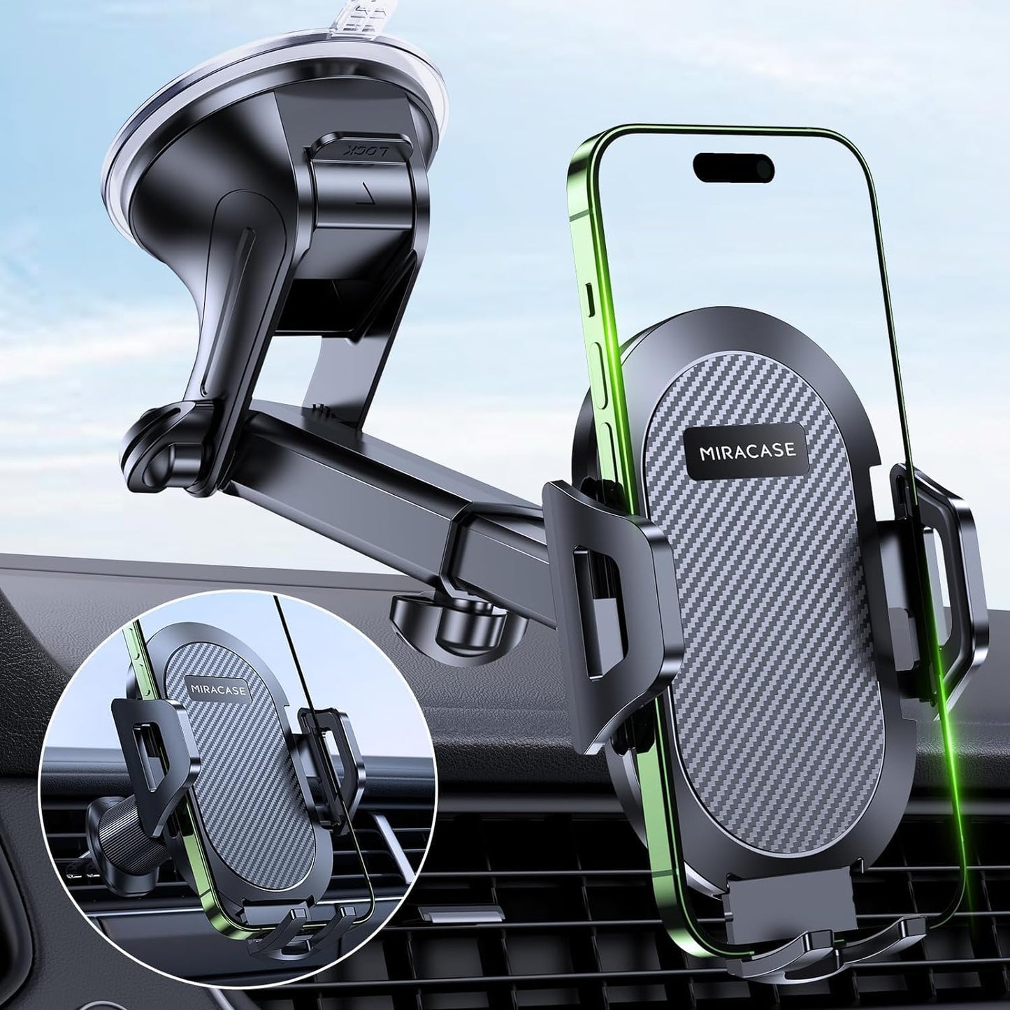 Miracase Phone Holders for Your Car, [Thick Case & Heavy Phone Friendly] Universal Cell Phone Car Mount, 3-in-1 Phone Mount for Car Dashboard Windshield Air Vent Fit for All Smartphones, Grey