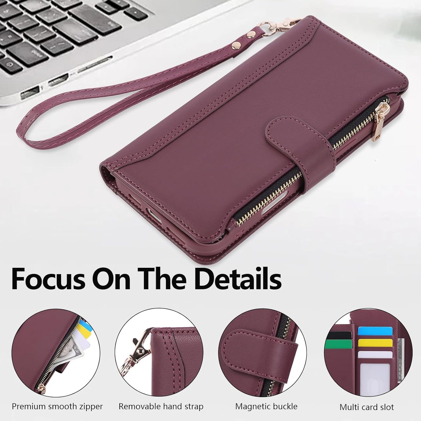 Compatible with iPhone 15 Wallet Phone Case-PU Leather Magnetic Flip Cover with Credit Card Slots,Zipper Pocket & Detachable Wrist Strap,Shockproof Design,for Women and Men-Claret