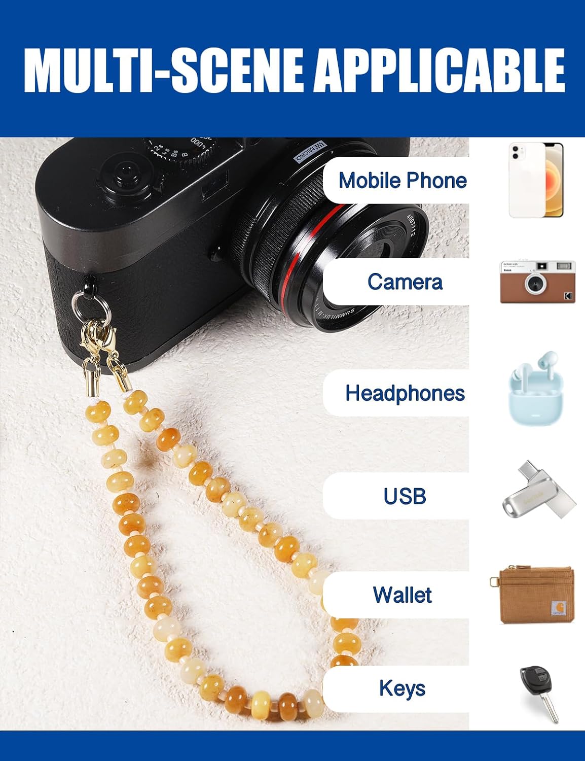 Handmade Natural Gemstone Beaded Charm Cell Phone Camera Lanyard, Wrist Strap, Phone Chain String, Keychain Decor for Wallet, Stanley Cup Accessories (Citrine)