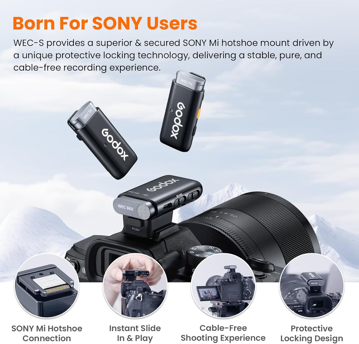 GODOX WEC KIT2 Wireless Microphone for Sony, Cable-Free Hotshoe Mount Lavalier mic, 200m (656ft.) Range, Noise Cancelling Mics, UAC Support Wireless Microphone for PC/Phone/Camera