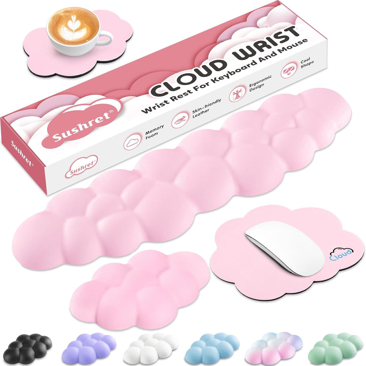 Cloud Wrist Rest for Computer Keyboard, 4-in-1 Memory Foam Leather Cloud Keyboard Wrist Rest and Mouse Pad Set with Ergonomic Support for Arm and Palm Cushion, Gaming/Work Setup, Pink