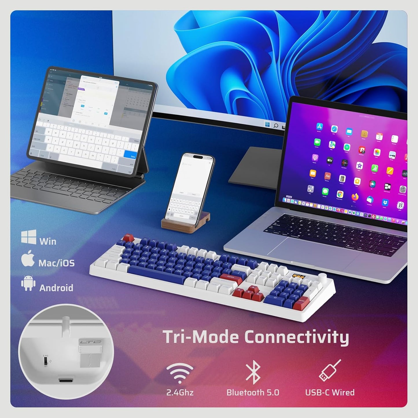 LTC Nimbleback NB1041 PRO Wireless Mechanical Keyboard w/Display Screen & Knob, 2.4Ghz/ BT/USB-C Wired RGB 104 Keys Creamy Keyboard, 3-Layer Foam, Hot Swappable PCB, Software Support, Red Switch
