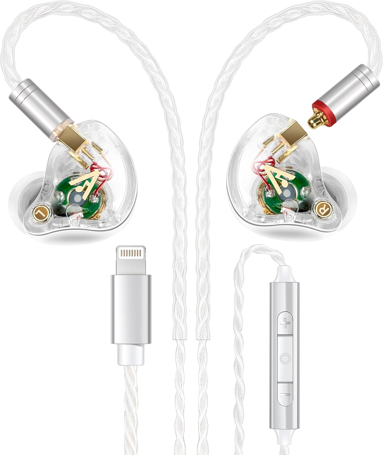 Vibes 202ML Wired Earbuds - HiFi in Ear Headphones - Noise-Isolating Ear Buds w/ Mic - Clear Sound, Deep Bass, Comfort-Fit Earphones - MMCX–Lightning for iPhone 5–14, Silver Plated Cord, Carrying Case