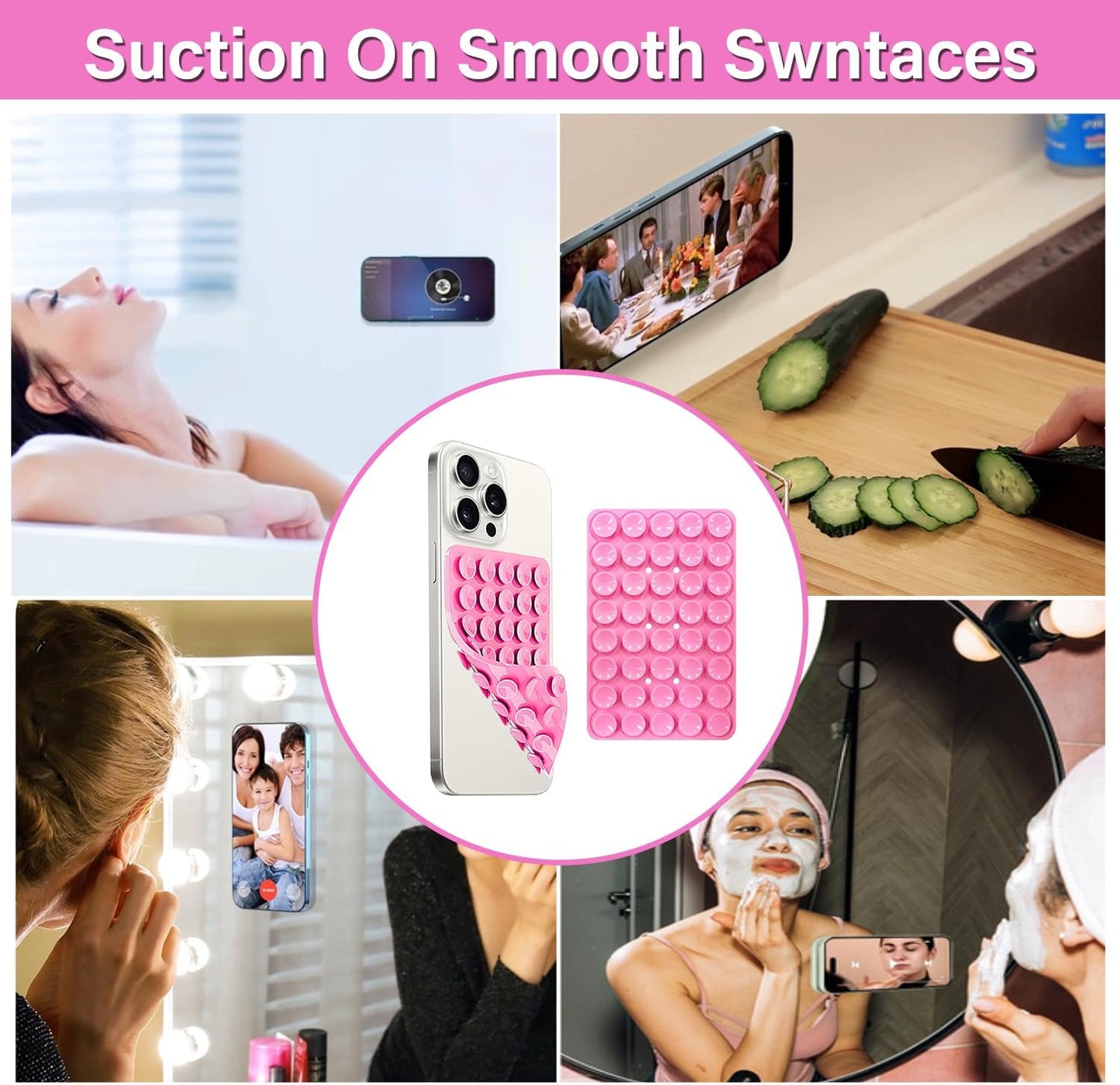 2 Pack Double Sided Silicone Suction Cup Phone Case Mount, Hands-Free Silicon Phone Grip with Higher Suction Power for Selfies and Videos, Non Slip Phone Accessories, White