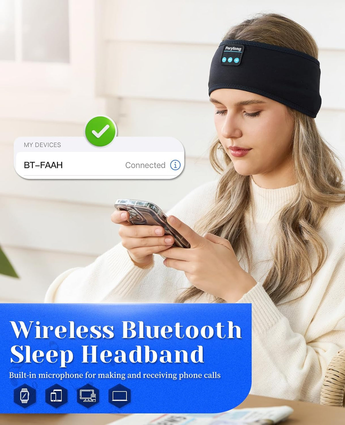 Perytong Sleep Headphones Wireless, Bluetooth Sports Headband Headphones with Ultra-Thin HD Stereo Speakers, Unisex, Perfect for Sleeping,Workout,Jogging,Yoga,Insomnia, Air Travel, Meditation