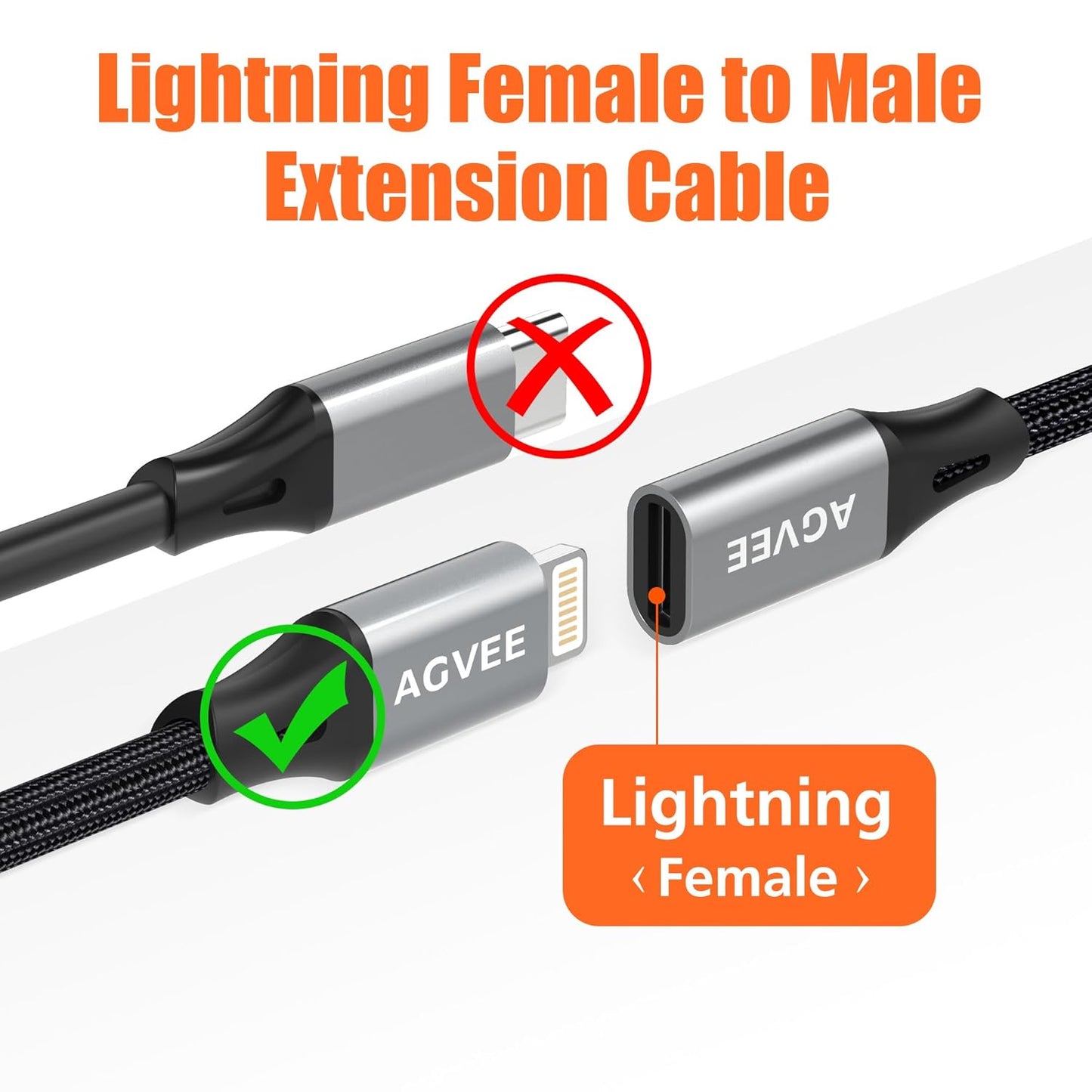 AGVEE 2 Pack 6.6ft Lightning Extension Cable, Braided Female to Male Extender Full Function Cord Compatible with iPhone iPad, Data Sync Video Audio & Charging Connector Adapter, Dark Gray
