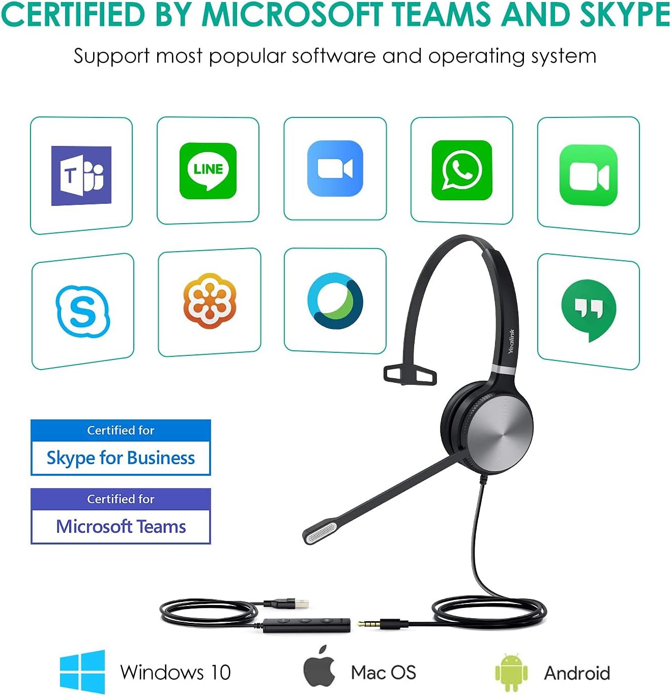 Yealink UH36 Professional USB Headset Wired Headphones for Work Calls and Music, Headset with Noise Cancelling Mic for Computer PC Laptop（UC Compatible, Mono,3.5mm Jack/USB Connection）