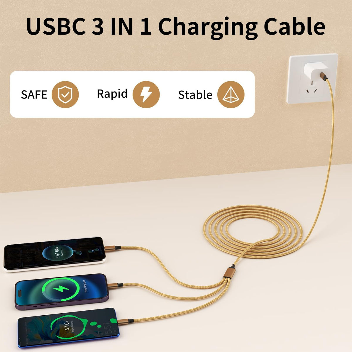 USB C Multi Charging Cable [2Pack 4FT], 3 in 1 Charging Cable Nylon Braided USB-C Multiple Charger Cord with Type-C, Micro USB and IP Port for Cell Phones and More (Golden)