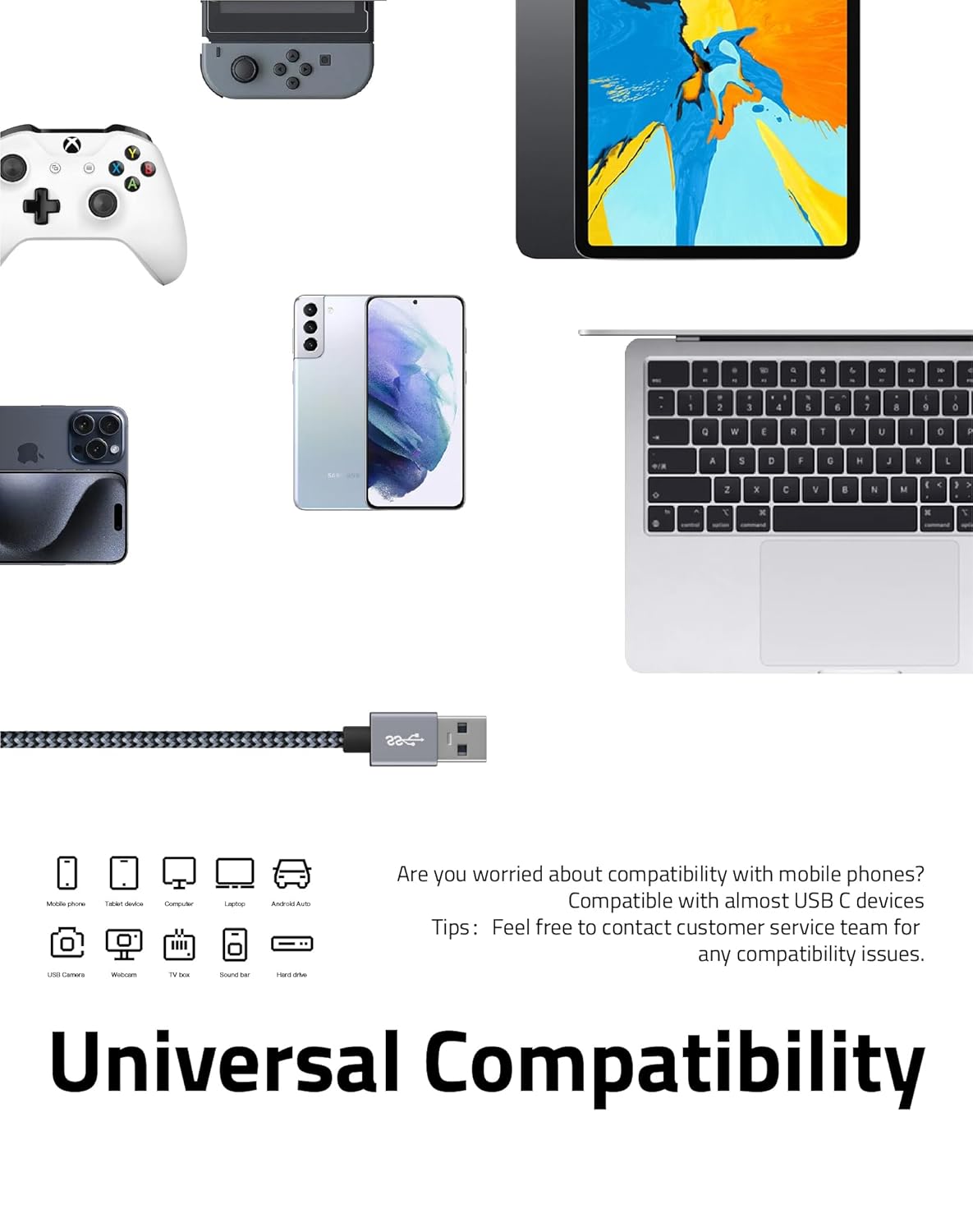 FHG 6FT 3.3FT USB 3.0 to USB C Cable 2Pack, High-Speed Transfer of 1GB in 2sec, 3A Fast Charging from 20% to 80% in 35mins, Sturdy Nylon Braided USB Data Cable, Compatible for iPhone 15/Galaxy/Win