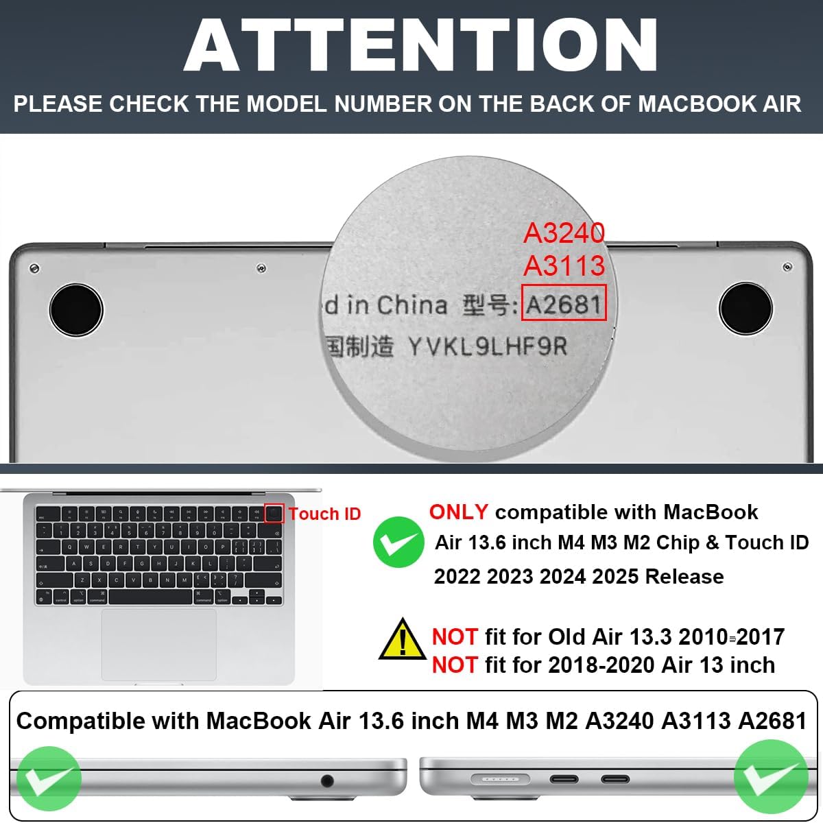 for MacBook Air 13.6 Inch Case 2025 2024 2023 2022 Release Models: M4 A3240 A3113 M3 A2681 M2, Plastic Hard Shell Case Cover for Mac Air 13.6 Retina Display & Touch ID，Silver Green Gradient