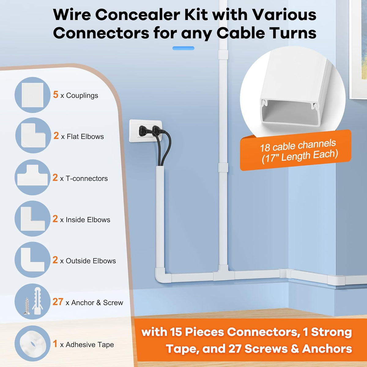 306in Cord Hider Kit, Cord Covers for Wires on Wall, Paintable Wire Cover for Cords, Cable Hider for Wall Mounted TV, White Cord Concealer, Cable Raceway Wire Management, 18xL17in x W0.95in x H0.55in