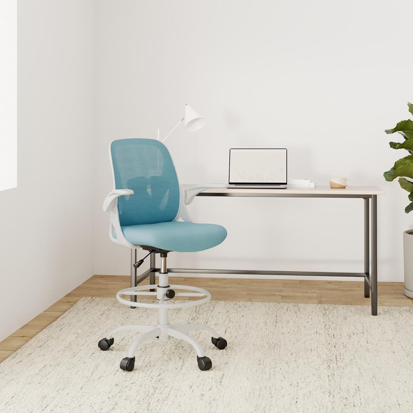 Primy Drafting Chair Tall Office Chair with Flip-up Armrests Executive Ergonomic Computer Standing Desk Chair with Lumbar Support and Adjustable Footrest Ring（Blue）
