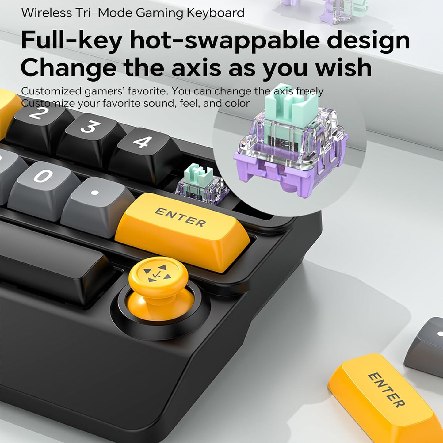 Adventurers W909 Wireless RGB Mechanical Numeric Keypad, Hot-Swappable, Macro-Programmable Numpad, Joystick & Knob Control for PC/Tablet/Laptop/Phone, Tri-Mode Connectivity (Yellow on Black)