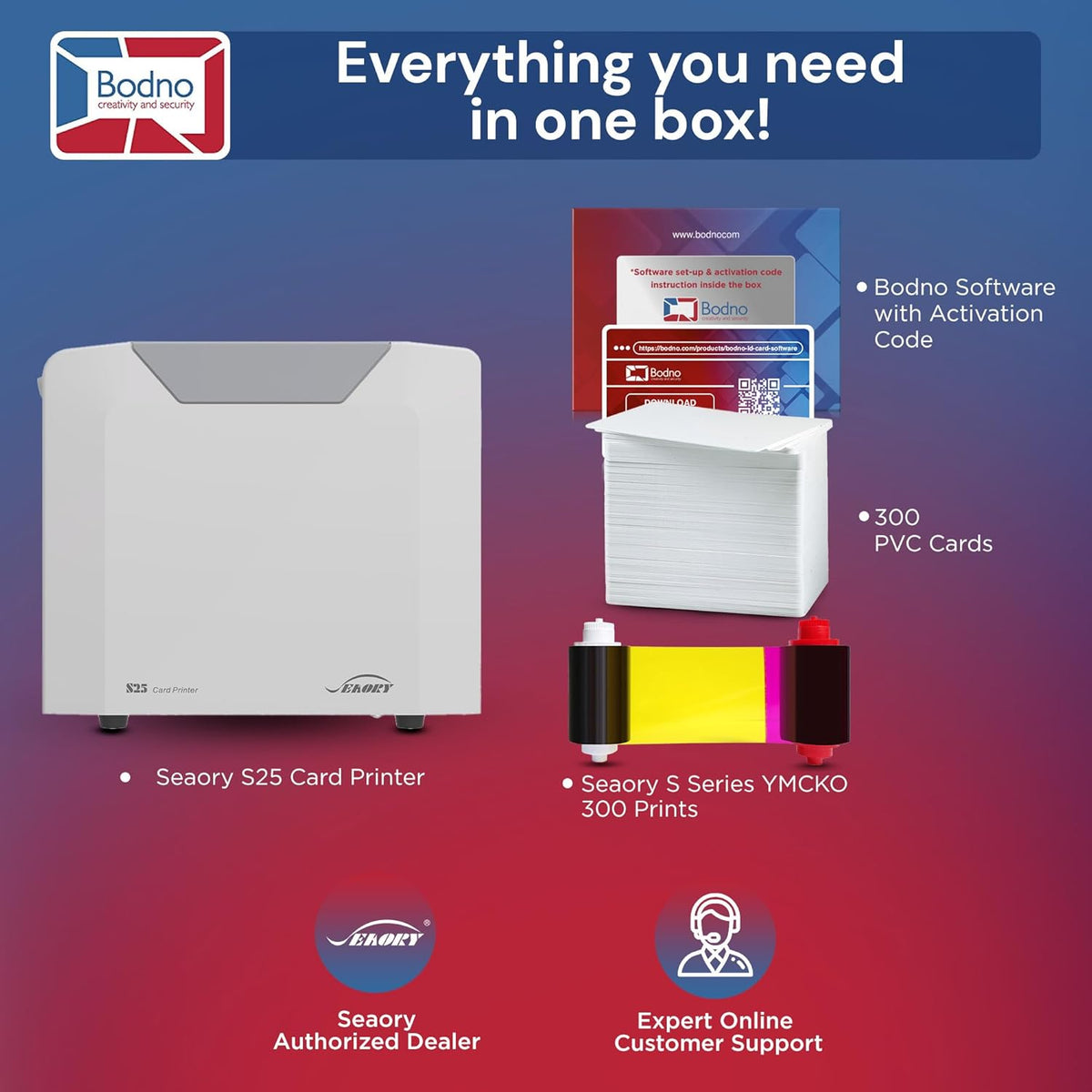 Bodno Seaory S25 Single Sided ID Card Printer & Complete Supplies Package ID Software - Bronze Edition