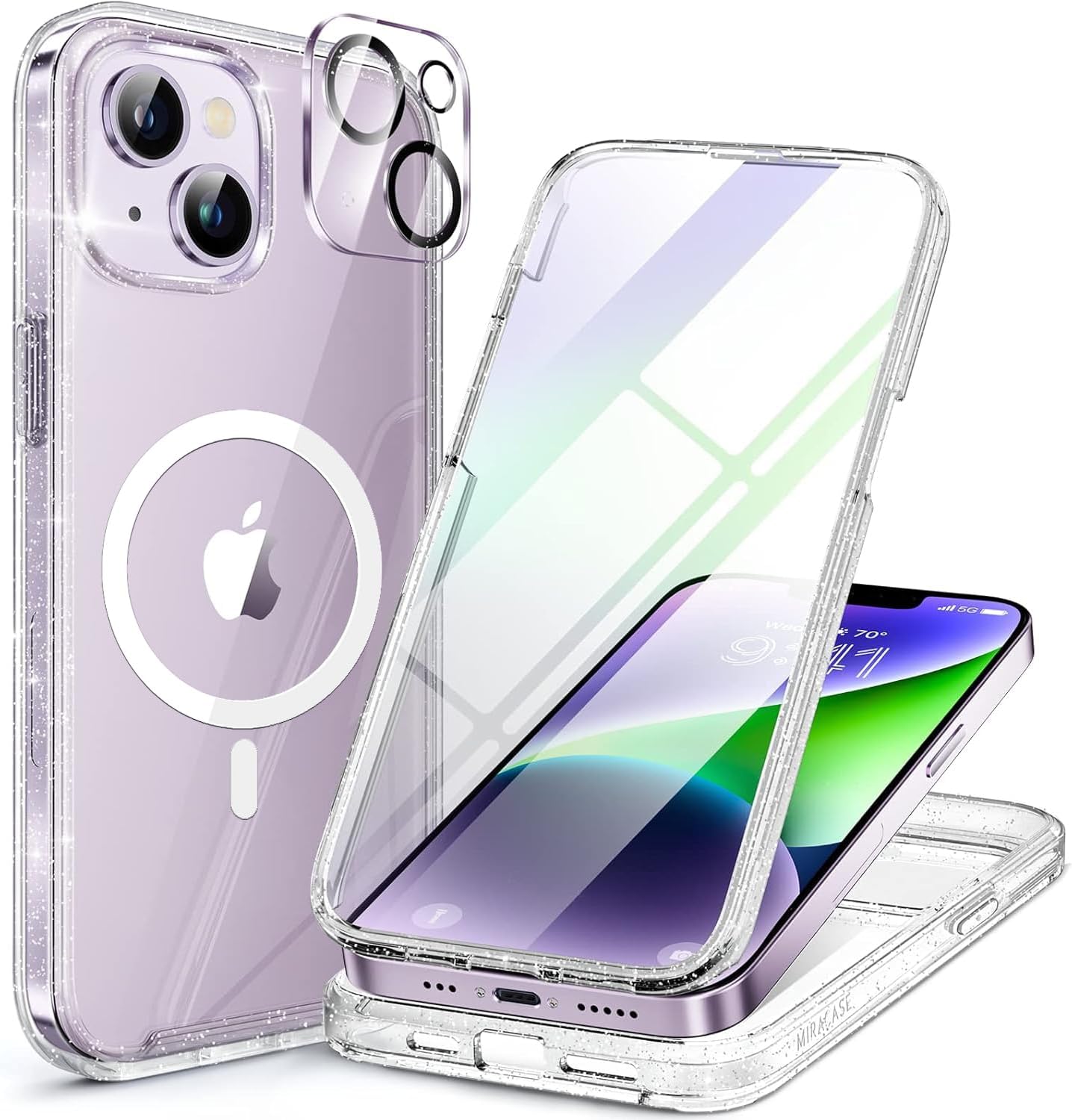 Miracase Magnetic for iPhone 14 Case 6.1", [Built-in Tempered Glass Screen Protector + Lens Protector] [Compatible with MagSafe] Full-Body Protective Bumper 14 Phone Cover, Clear Glitter