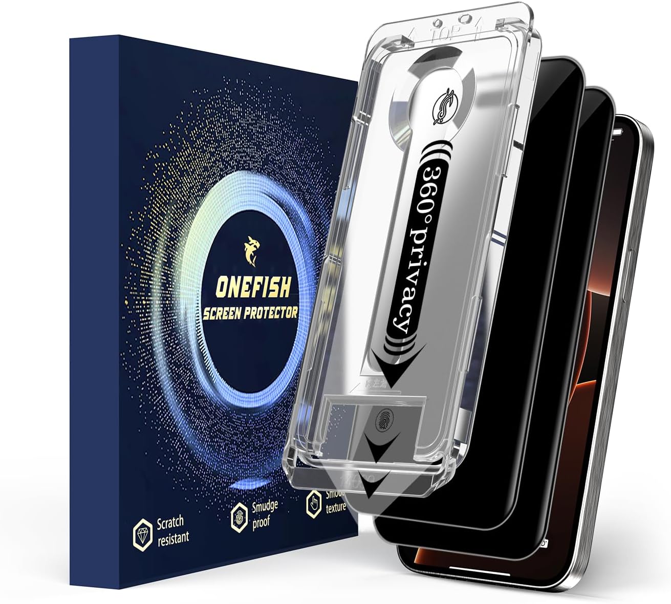 OneFish 2 Pack Privacy Screen Protector for iPhone 15Plus/16Plus - 4-Way 360° Anti-Spy Tempered Glass, 9H Hardness, 3D Curved Edges, Case-Friendly & Easy Installation