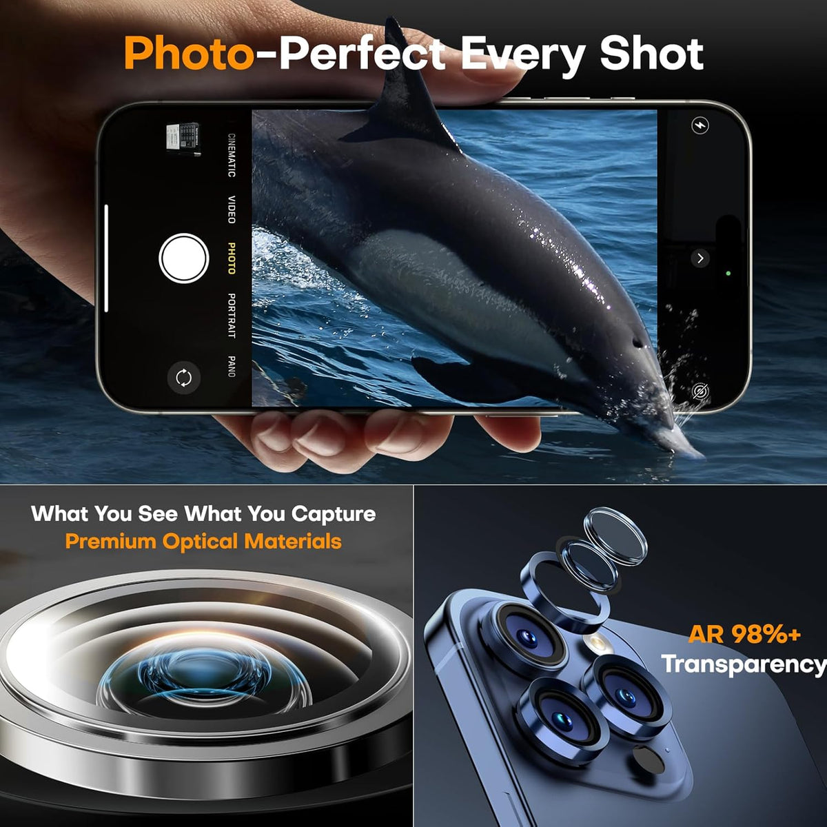 Camera Lens Protector for iPhone 16 Pro Max/16 Pro/15 Pro Max/15 Pro/14 Pro Max/14 Pro, Sapphire Glass Metal Individual Camera Cover Screen, Anti-drop, Case Friendly- Blue Titanium