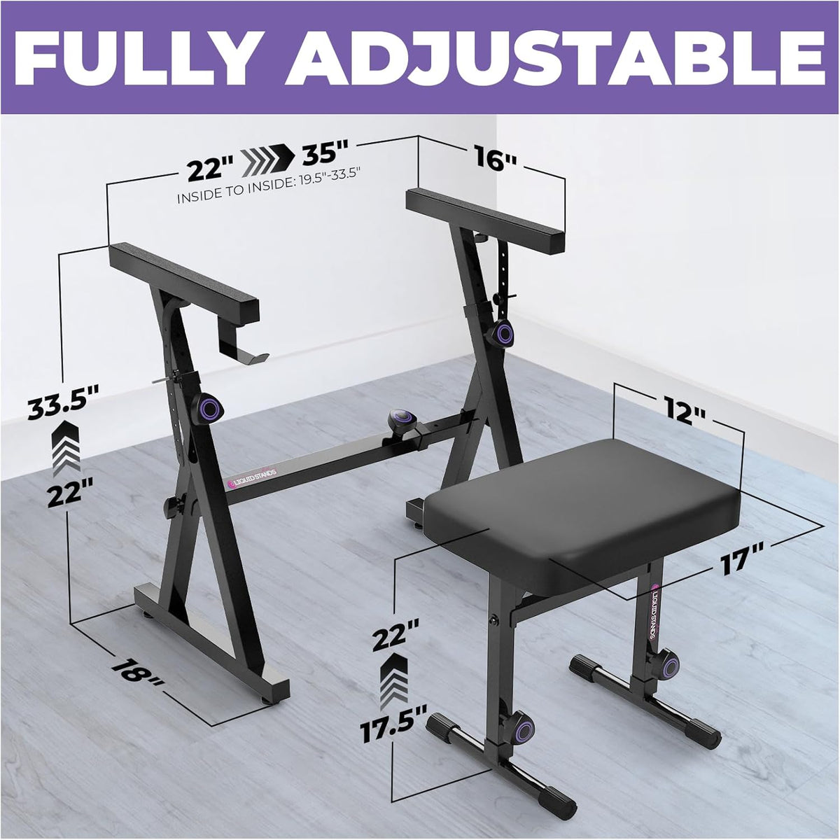 Liquid Stands Portable Heavy Duty Digital Piano Stand & Bench Set - Adjustable Keyboard Music Stand & Seat for 54-88 Key Electric Pianos