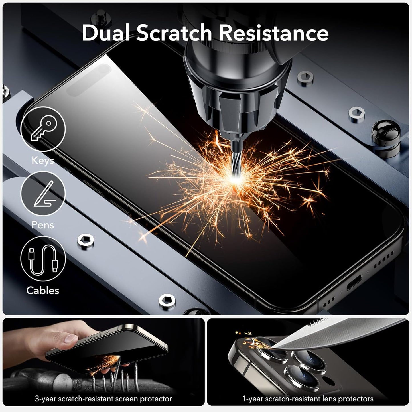 ESR 3+1 Pack for iPhone 15 Pro Screen Protector, [9H Hardness] [Military Grade Shatterproof] Full Coverage Ultra-tough Tempered Glass Film with Easy Installation Frame, 1 Set of Camera Lens Protector