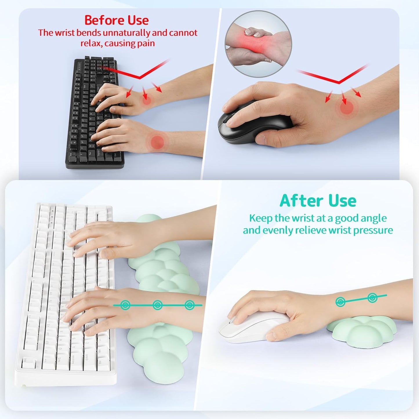 Cloud Wrist Rest for Keyboard and Mouse, Memory Foam PU Leather Keyboard Wrist Rest with Ergonomic Support, Non-Slip Base, Cute Arm Rest Pad & Palm Cushion, Office Desk Accessory, Light Green