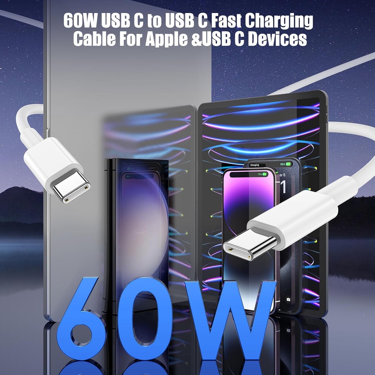 3-Pack [6.6FT+6.6FT+10FT] 60W USB C to USB C Cable, Type C to Type C Cable,Fast Charging Cable for iPhone 16 15 Pro Plus Pro Max，for Galaxy S24 S23, for iPad Pro/Air, for MacBook Pro/Air and More