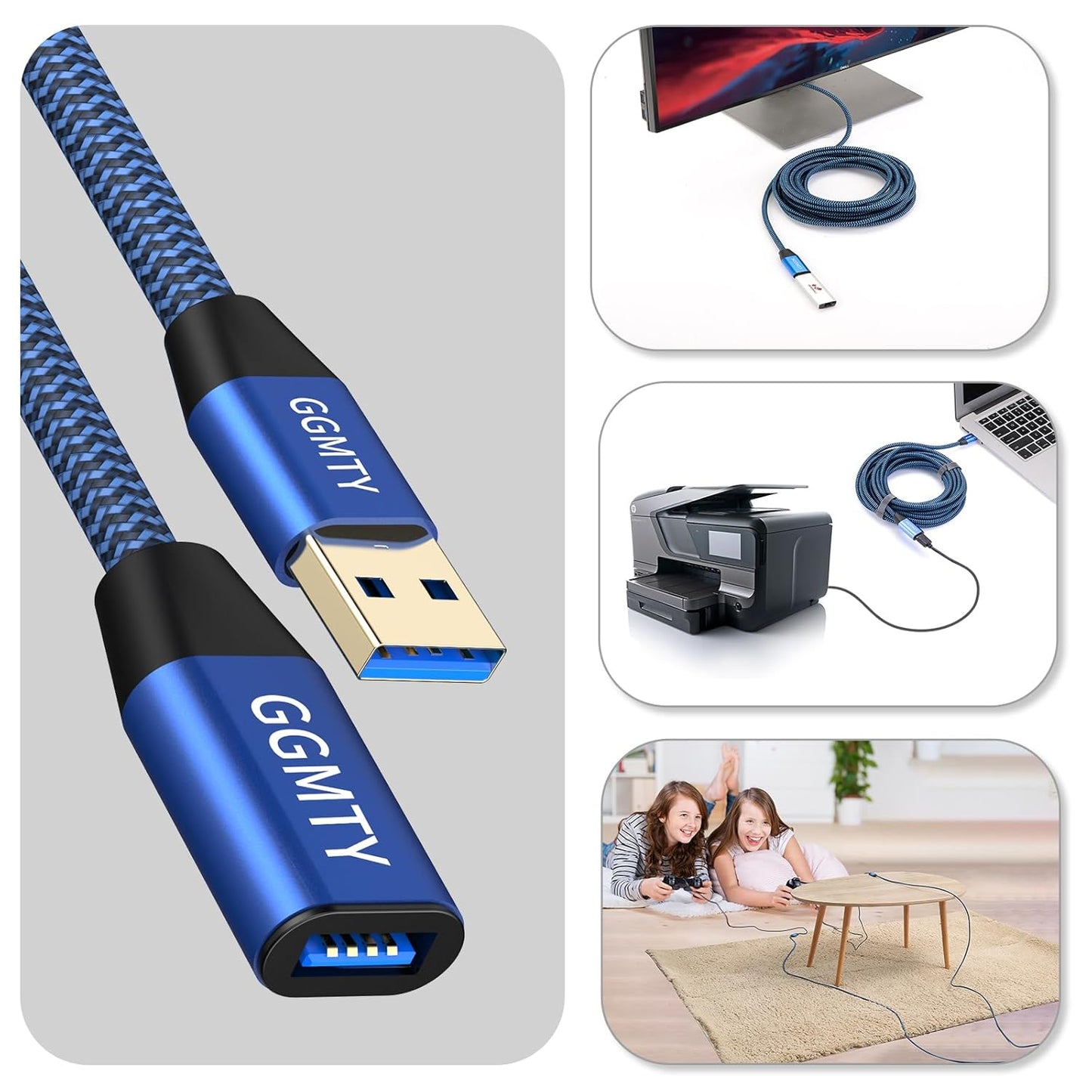 USB 3.0 Extension Cable 1.5 ft(2 Package), Type A Male to Female Extension Cord Durable Braided Material High Data Transfer Compatible with USB Keyboard,Mouse,Flash Drive, Hard Drive,Printer