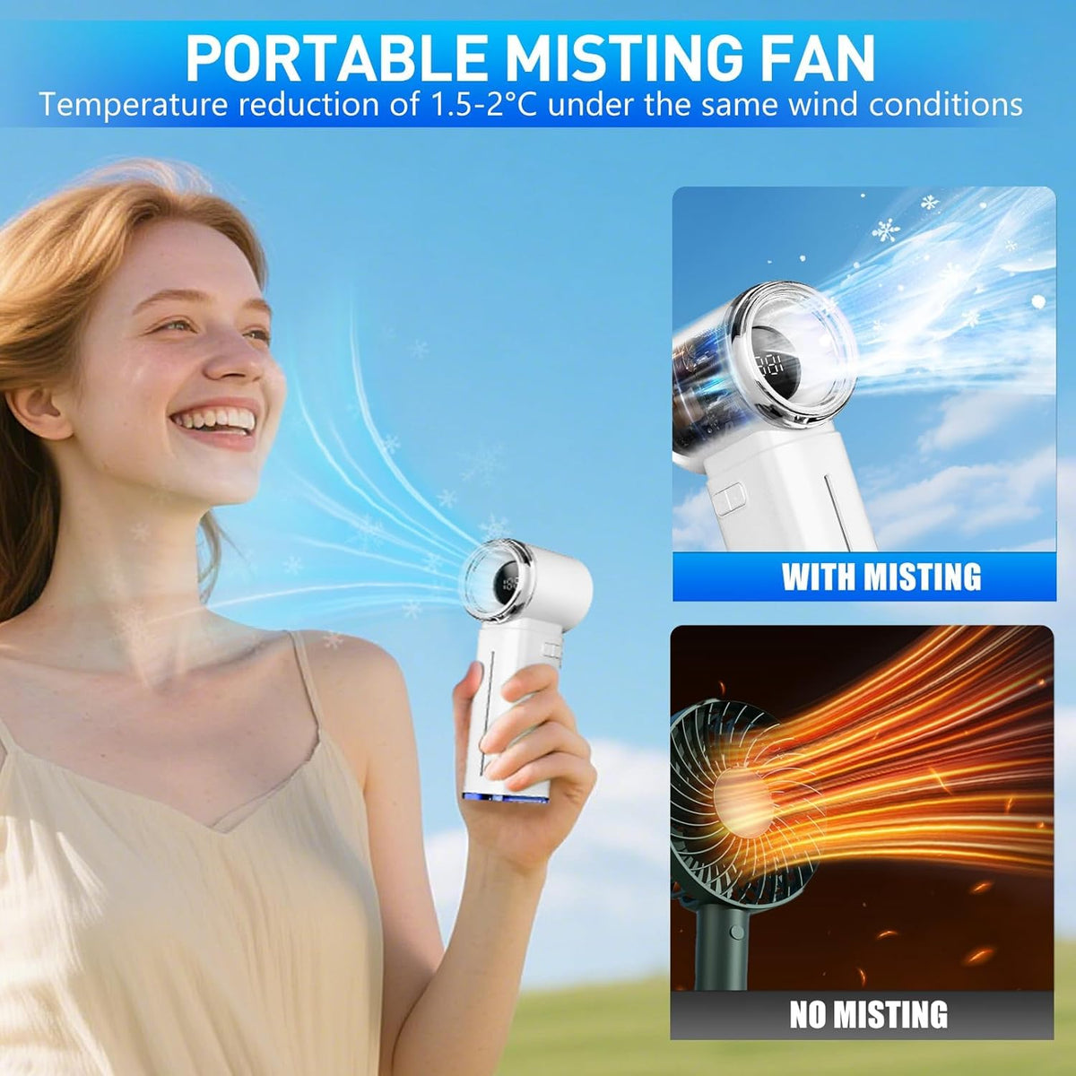 Portable Misting Fan - Mini Handheld Fan - 5000mAh Rechargeable Personal Mister Fans with Digital Display, 1-199 Speeds Adjustable, Birthday Gifts for Women Men Travel/Outdoor/Home/Office (White)