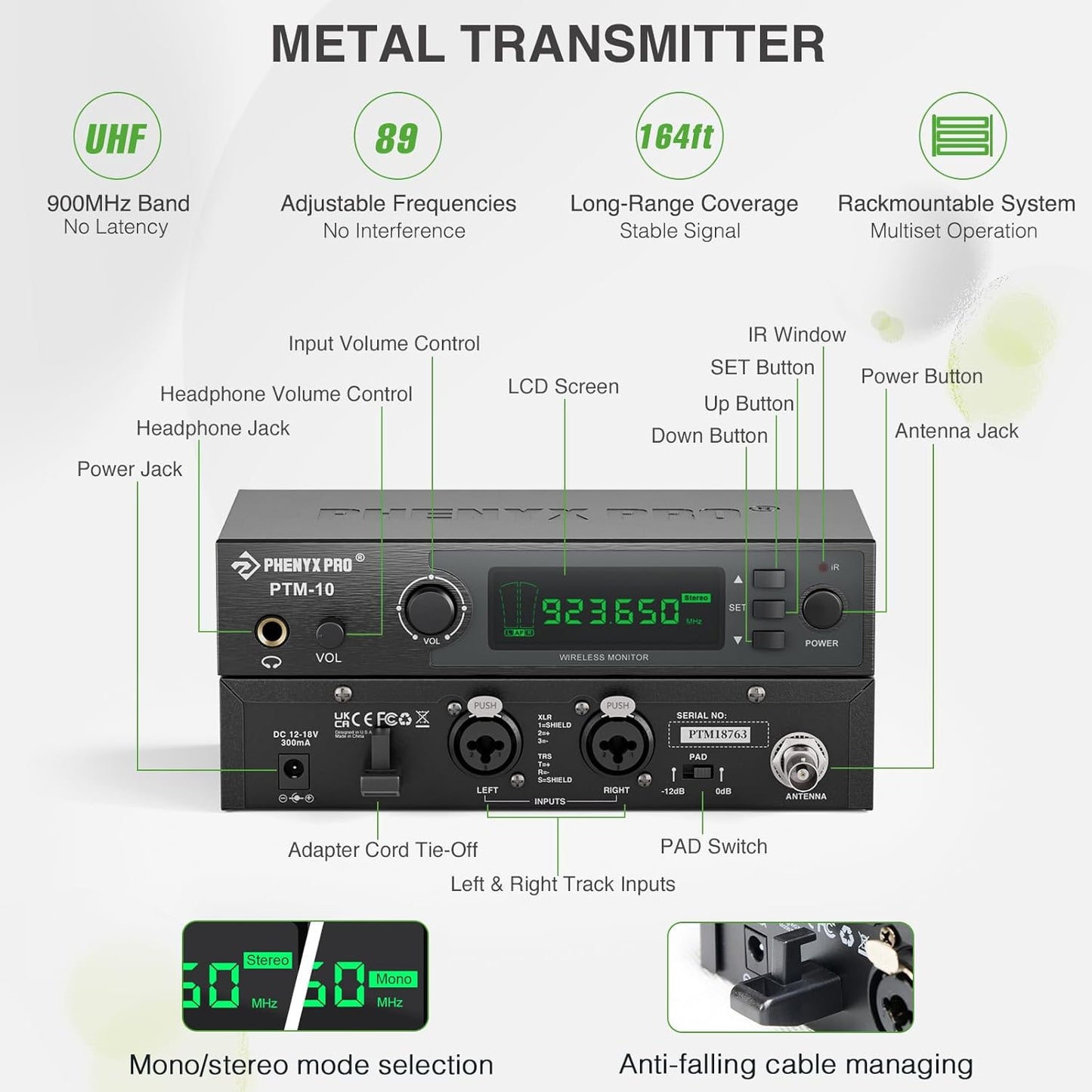 Phenyx Pro UHF Stereo Wireless in Ear Monitor System, Wireless IEM, 900MHz Band Selectable Frequency, Rack Mountable, 160 ft. Operation, Suitable for Stage, Studio, Exhibit, Lecture, Speech (PTM-10)
