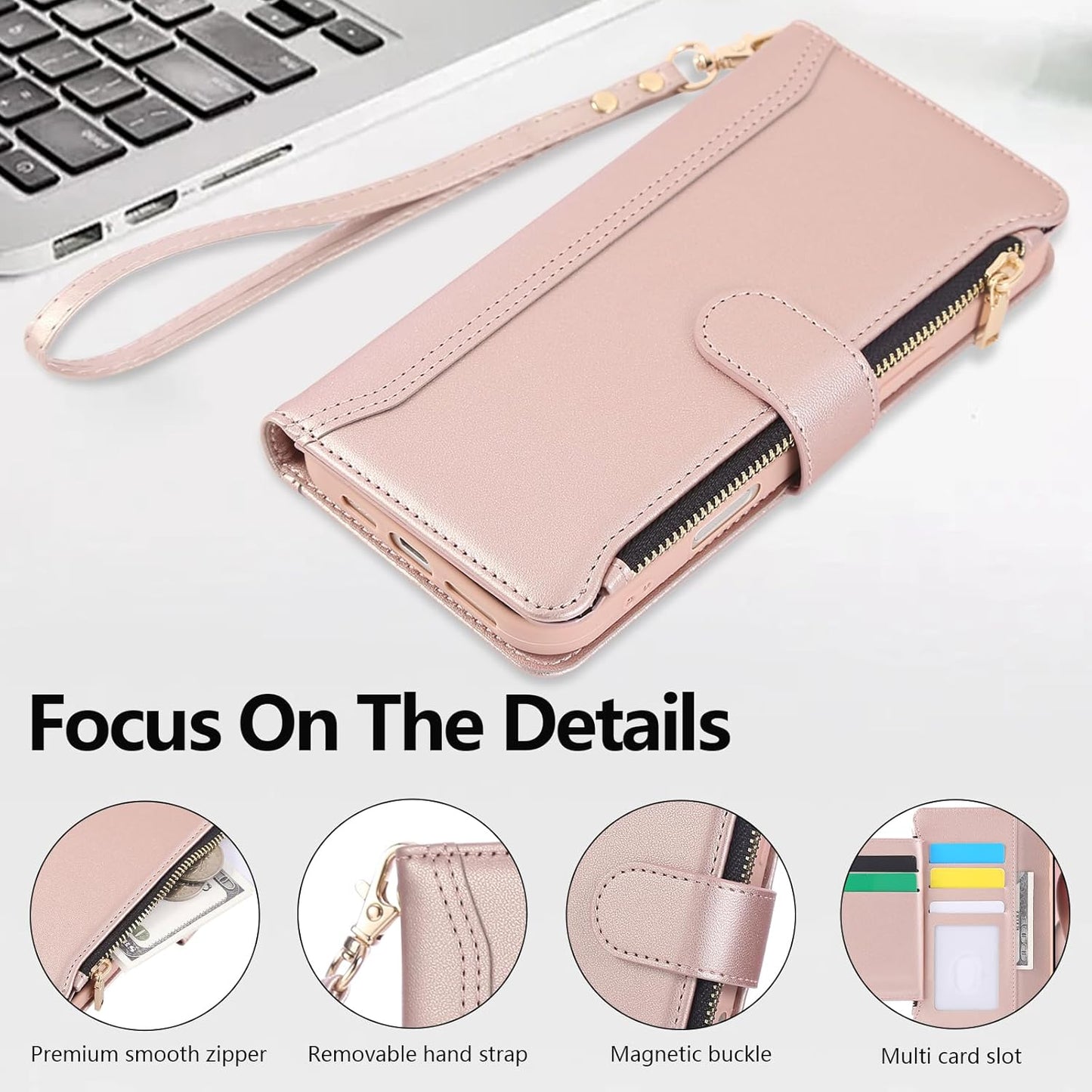 Compatible with iPhone 14 Pro Wallet Phone Case-PU Leather Magnetic Flip Cover with Credit Card Slots,Zipper Pocket & Detachable Wrist Strap,Shockproof Design,for Women and Men-Pink