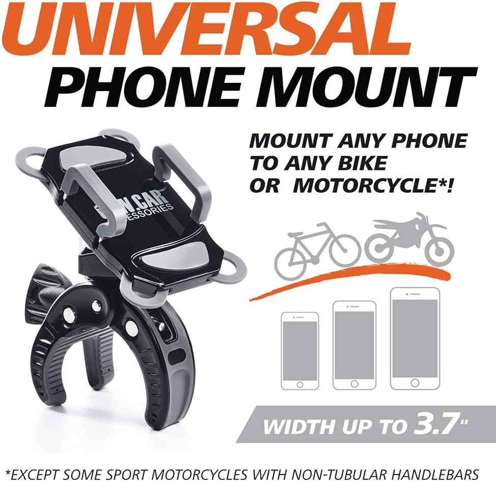 Bike & Motorcycle Phone Mount - For iPhone 16 (15, Xr, SE, Max/Plus), Galaxy S22 or any Cell Phone - Universal ATV, Mountain & Road Bicycle Handlebar Holder. +100 to Safeness & Comfort