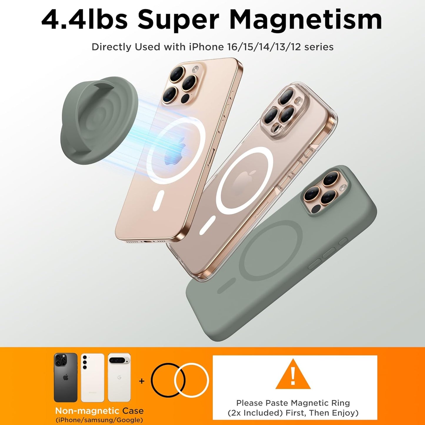 Magnetic Phone Ring Grip Holder, Silicone Finger Loop Grip, Compatible with MasSafe, Back of Phone for iPhone Pro Max/Plus/16/15/15/14/13/12 Series, Calke Green