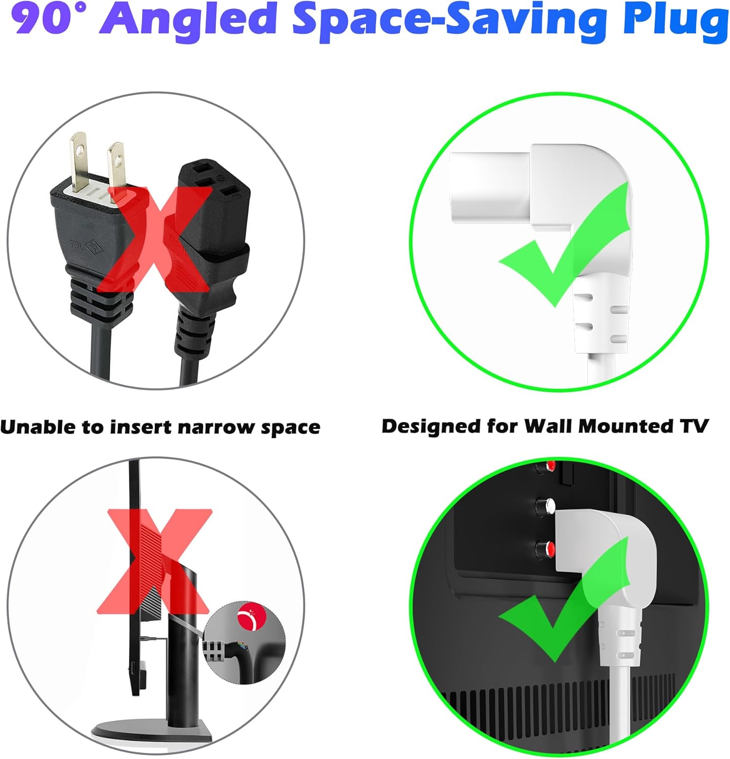 Adoreen 4 Ft Computer TV Replacement Power Cord White, 90 Degree Angled L-Shaped 18AWG 3-Prong AC Universal Power Supply Cable NEMA 5-15P to IEC 320 C13 for Printer, PC, Monitor TV LCD, ETL+Ties