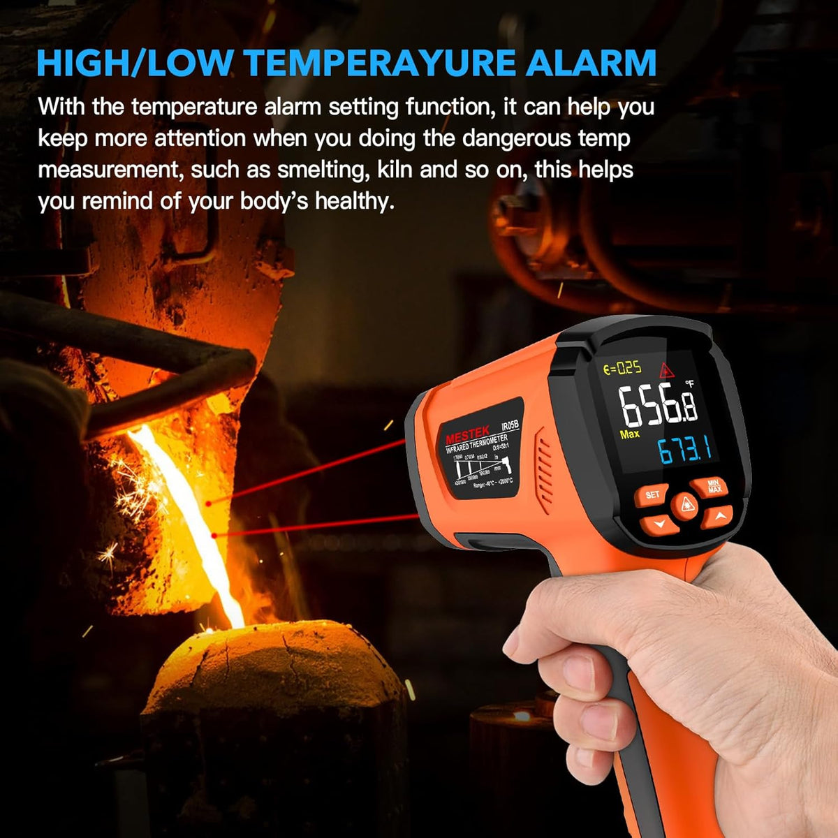 -40℉~3632℉, MESTEK Infrared Thermometer Temperature Gun, High Temp Thermometer with Thermocouple Probe, Non-Contact 50:1 Pyrometer Dual Laser Thermometer Gun for Engine, Kiln, Forging, Industrial